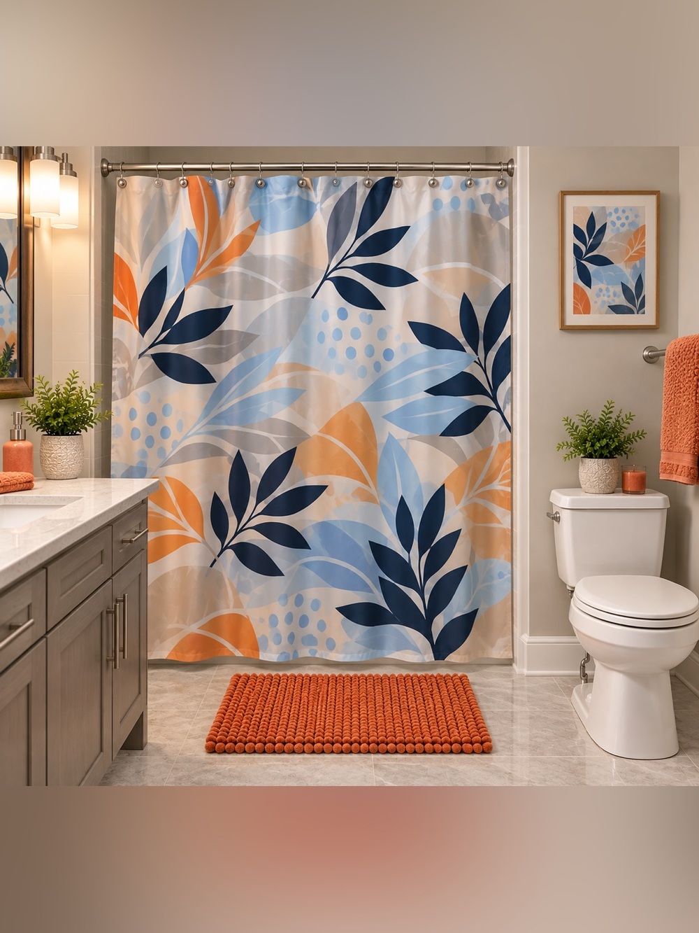 Blue & Orange Leaf Shower Curtain - Home Bath